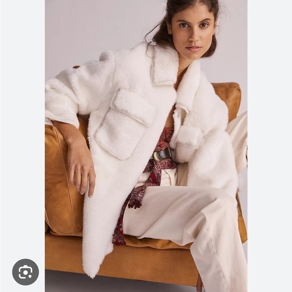 Anthropologie Maeve White Cinched Faux Fur Coat - Picture 2 of 16